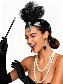 Conjunto de 5 piezas de accesorios retro de los años 20 para damas, que incluye un tocado de plumas Charleston, un collar de perlas falsas, aretes y guantes largos, es perfecto para accesorios de vestir de fiesta de Halloween - multicolor - Ver 9