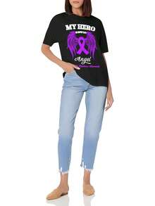 Wings Angel Hodgkins Lymphoma Awareness Women's Casual Slim Fit Short Sleeve T-Shirt Soft Cotton Crew Neck Basic Versatile Top - màu đen - Xem 2
