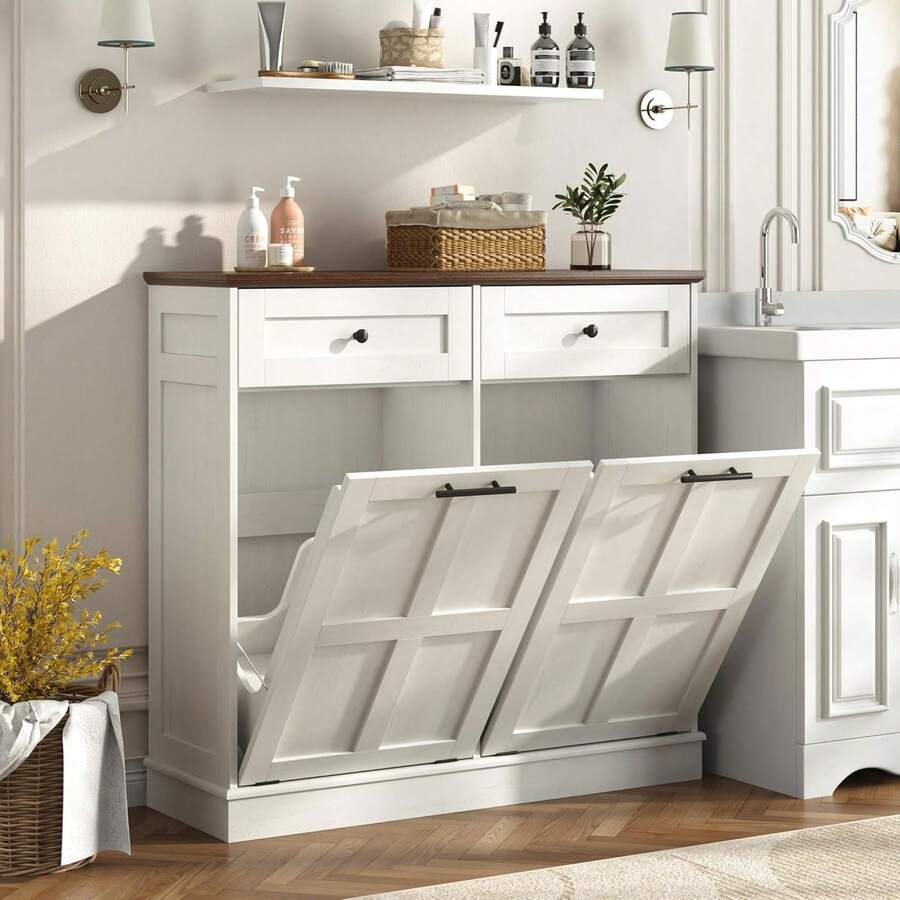 10-20 Gallon Double Trash Can Cabinet | Features Tilt-Out Laundry Hamper, Drawers & Farmhouse Design - White - View 1