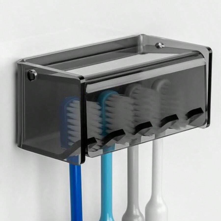 5 Slots Wall Mount Toothbrush Holder With Cover Self Adhesive Toothbrush Storage Organizer For Shower Toothbrush Hanger With Automatic Toothpaste Squeezer Dispenser - 4槽灰色透明1包 - 查看 1