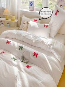 三件套白色卧室圣诞装饰图案镂空蝴蝶结刺绣被套套装，包含1个被套和2个枕套，超柔软透气时尚床上用品 - 白色 - 查看 4