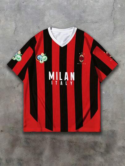 Vintage Football Club Badge Pattern Men's V-Neck T-Shirt, Red & Black Vertical Striped Milan Fan Short Sleeve Sports Jersey