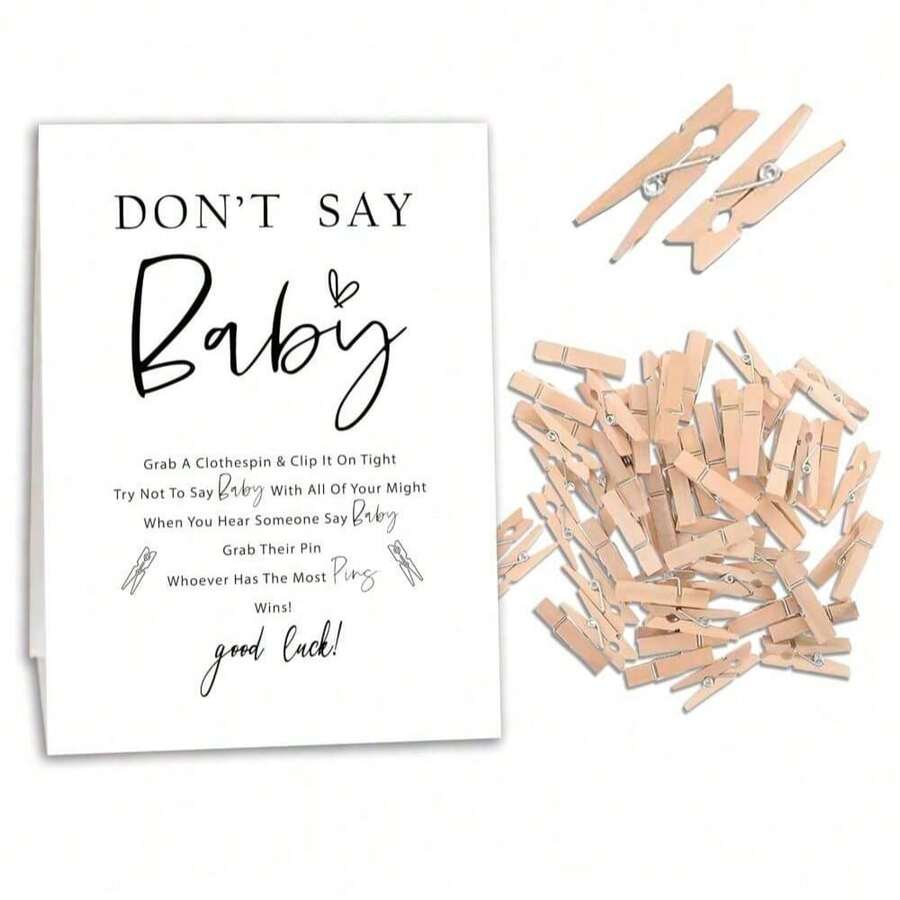 Bộ trò chơi "Đừng nói Baby", Trò chơi "Đừng nói Baby" cho tiệc mừng em bé sắp chào đời, một bảng hiệu kèm 50 kẹp quần áo mini, trang trí tiệc mừng em bé theo chủ đề tối giản, trò chơi tiết lộ giới tính, ý tưởng trang trí tiệc mừng em bé.
