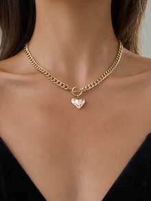 Nooxian 1pc Fashionable Minimalist French OT Clasp Necklace With Heart Charm And Sparkling Cubic Zirconia Pendant Necklace For Women - Yellow Gold - View 2