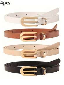 Conjunto de 4 cintos femininos, minimalistas, em couro de cor sólida, ideais para vestidos, jeans e para um visual casual na cintura.