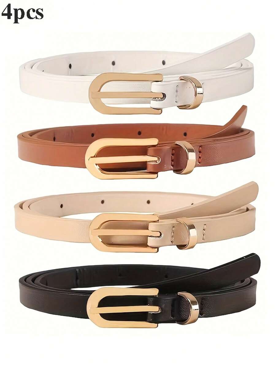 Conjunto de 4 cintos femininos, minimalistas, em couro de cor sólida, ideais para vestidos, jeans e para um visual casual na cintura.