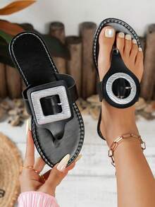 休闲魔术贴人字拖，夏季沙滩 - 黑色 - 查看 1