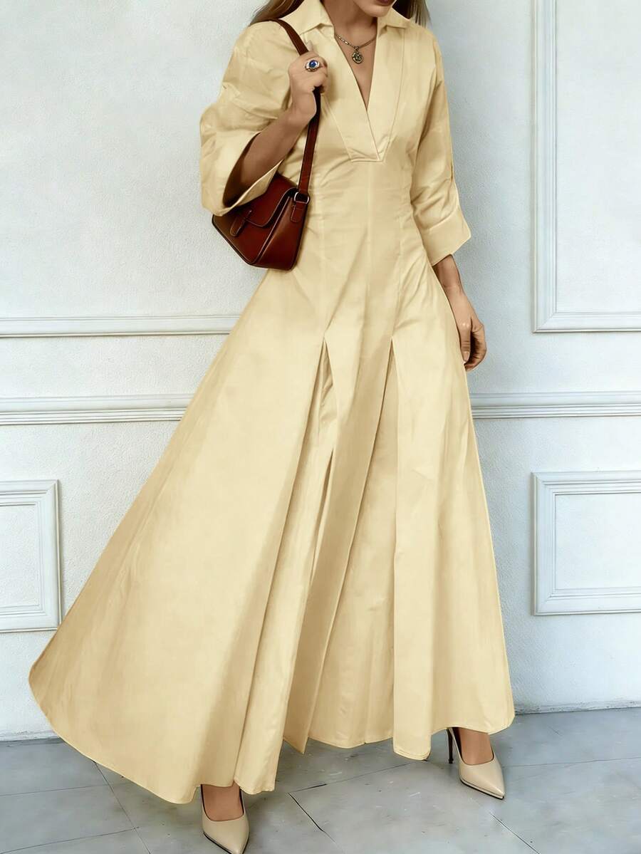 Đầm dài cổ chữ V thanh lịch dành cho nữ - Đầm thời trang tay dài xòe, thiết kế cổ ve áo, thích hợp cho mùa thu, cũng phù hợp cho các dịp công sở thường ngày, bao gồm trang phục công sở, trang phục nữ cổ điển, trang phục công sở và trang phục chuyên nghiệp. - Vàng nhạt - Xem 1