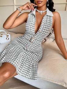 Buzzelle Vestido nuevo de primavera/verano 2025 con cuello a cuadros, sin mangas, con cinturón y volantes en el bajo, creando un look elegante y pulido para la oficina para mujeres - Negro - Ver 6