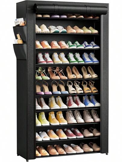 Kitsure Shoe Rack - 10-Tier Large Capacity Shoe Cabinet With Dust Cover & Side Pockets, Rust-Proof Metal Shoe Racks For Entryway, Living Room, 86.3 X 31.5 X 176.0 Cm, Black