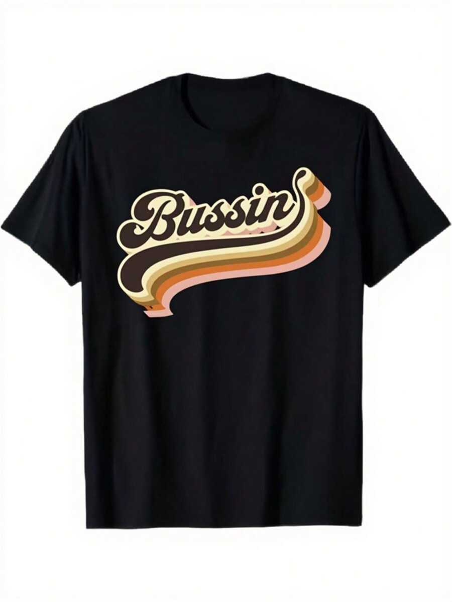Bussin Retro Graphic T-Shirt Black Vintage Style Short Sleeve Casual Daily Wear Humorous Graphic Print Pure Crew Neck Regular Fit Smooth Texture All-Season Perfect For Sports And Holidays - 黑色 - 查看 1