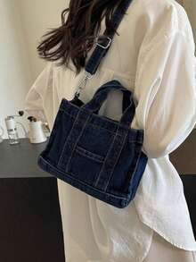 This New, Stylish, And Classic Square Tote Bag Features Double Handles And Denim Trim. Perfect For Outdoor Activities, Commuting, Shopping, Campus Life, And Short Trips. - Blue - View 5