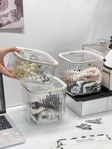 2pcs/1pc Elegant Hair Accessory Jar, Creative Lid Storage Box, Hair Clips, Hair Ties, Hair Bands, Hair Hoops Organizer Box, Multi-Function Makeup Powder, Makeup Sponge, Makeup Brush Tool Storage Box, Vanity And Bathroom Waterproof Dustproof Storage Box, Made Of High Transparency PET Material, Suitable For Dorm, Hotel, Bedroom