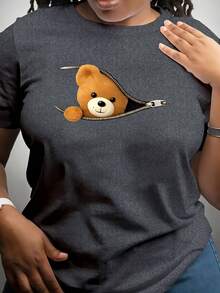 Spring Tops Women's Cute Bear Pattern Zipper T-Shirt - 180g Milk Yarn, Medium Stretch Casual Short Sleeve Round Neck Top Spring Summer Autumn Loose And Comfortable Summer - Đen và xám - Xem 12