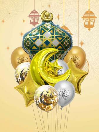 Set de 10 globos de lámina con forma de lámpara de aceite en forma de estrella y luna para Eid Al-Fitr Ramadán, globos de látex con confeti de estrella y luna, decoraciones para Ramadán Kareem y Eid Mubarak