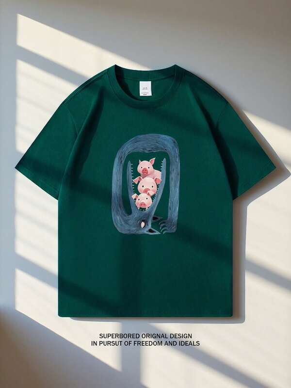 Fun Creative Pattern Round Neck T-Shirt, Pure Cotton Summer  Fashion Short Sleeve, Casual Daily Style Top