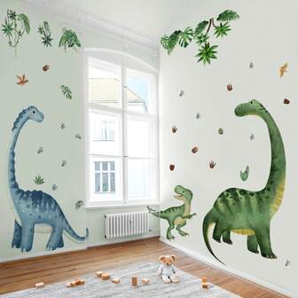 Dinosaur Palm Tree Wall Sticker Dino Footprints Jungle Animal Forest Wall Decals For Bedroom Kitchen Playroom Wall Decor