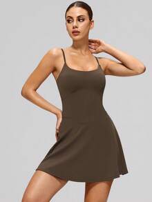 MASKERT High Elasticity & Skin-Friendly Women Sleeveless Tennis Jumpsuit Dress, Running Fitness Yoga Outfit, Casual Sports Skirt - Coffee Brown - View 6