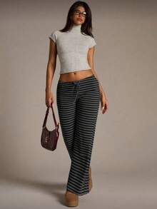 Women's New Ultra Low Waist Black Striped Pants, Suitable For Spring, Summer, Autumn And Winter, Black Pants, All Seasons, Women's Autumn Clothing, Random Striped Print - Black - View 6