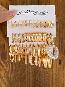 48pcs/12sets Vintage Elegant Minimalist Bohemian Style Teardrop Flower Geometric Faux Pearl Stud Earrings Set, Women Daily Wear, Birthday/Valentine's Day Gift For Girlfriend/Mom (No Box) - Yellow Gold - View 2