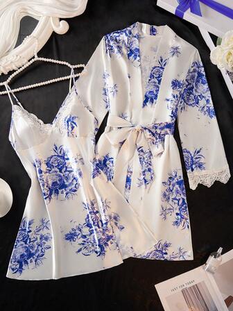 Sexy Women's Lingerie Set, Adjustable Strap Triangle Cup Lace Bow Decor Chemise, Long Sleeve Cardigan Robe & Belt, Satin Printed Pajama Set