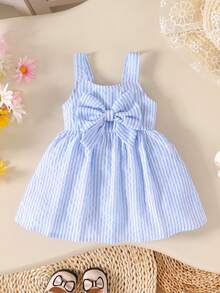 两件套柔软舒适休闲优雅女婴套装，可爱条纹荷叶边蝴蝶结装饰公主裙，母女亲子装，幼儿女童服装，适合夏季日常穿着、度假、派对、户外活动 - 彩色 - 查看 4
