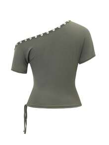 Vaiaye Women Loose Casual Round Neck One-Shoulder T-Shirt, Shell Decor Slim Fit T-Shirt, Spring/Summer Open Shoulder Top - Army Green - View 4