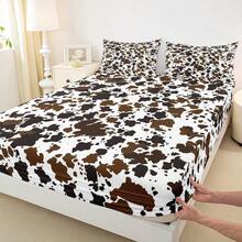 Castle Fairy Cow Print Sheet Set Twin/Full/Queen Size Brown White Cow Fur Bedding Set For Adult Room Decor, Farm Animal Print Bed Sheet Set Deep Pocket Fitted Sheet + Flat Sheet + 2 Pillowcases(Twin Only 1 Pillowcase) - Brown and Black - View 4