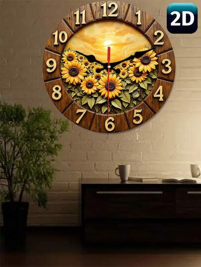 2D Retro Sunflower Wooden Wall Clock - Silent Quartz Movement, Vibrant Floral Pattern, Round Wooden Wall Clock, Suitable For Living Room, Kitchen, Dorm Decor (Batteries Not Included), Home Decor | Vintage Wall Clock | Quartz Wall Clock