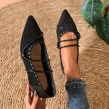 2026 New French Pointed Toe Mary Jane Vintage Solid Color Basic Ruffle Increased Inner Height Plus Size Women Shoes, Suitable For Home, All Seasons, Evening Wear - Black - View 3