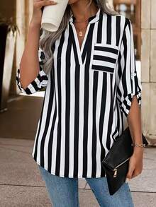 Asymmetrical Elegant Directional V-Neck Pocket Striped Print Shirt Vacation Spring Black - Black - View 3