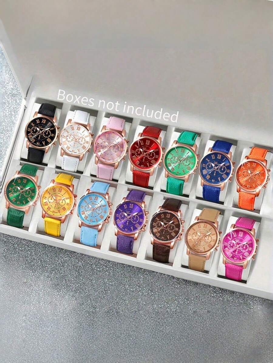 14件套女士PU皮表带石英表，简约三表盘罗马数字表盘，礼盒套装（不含表盒） - 玫瑰金 - 查看 1