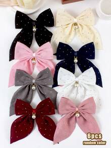 6pcs Solid Color Textured Rhinestone Bow Hair Clips, Elegant Pearl Pendant Large Barrettes, Cute Girl Princess Hair Accessories For Daily Wear And Party - Multicolor - View 11