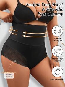 1pc Plus Size Women High Waist Slimming Leggings, High Elasticity Skin-Tight, Lace Trim, Comfortable - Black - View 1