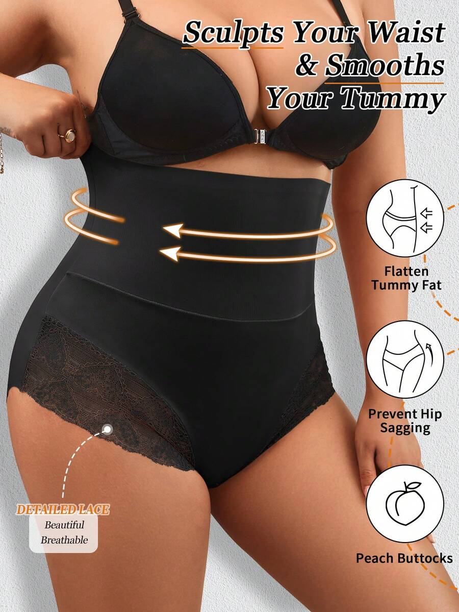 1pc Plus Size Women High Waist Slimming Leggings, High Elasticity Skin-Tight, Lace Trim, Comfortable - Black - View 1