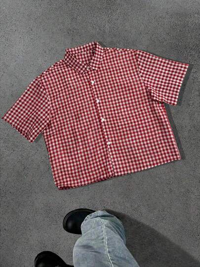 WAIT HIM 男士休闲宽松格子短袖衬衫，适合通勤穿着