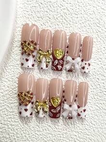 10pcs Romantic Valentine's Day Nail Stickers, Including Coffin Shape, Almond Shape, Duck Shape, French Manicure Stickers, Gold Hearts, Bow Nail Decorations, Hand-Painted Lips, Shiny Hearts, White Nail Polish, Faux Pearls And Red Rhinestones. Includes Tool Kit (1 Jelly Sticker + 1 Nail File), Ideal For Women To Use On Parties, Holidays, Dates, Valentine's Day And Other Occasions, Perfect Nail Art Supplies. Nails - Nhiều màu - Xem 4