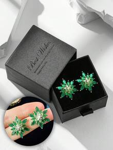 1 Par de Brincos de Luxo com Zircônia Cúbica em Formato de Floco de Neve, Joias com Gema Verde Esmeralda para Mulheres, Ideais para Festas e Eventos Noturnos, Feitos de Cobre, Hipoalergênicos e Resistentes à Oxidação, Ótima Opção de Presente - Ouro-Esmeralda - Ver 1