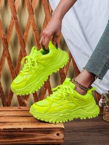 Soft, Breathable And Lightweight Mesh Running Shoes, Neon Green Color, Unisex Casual Walking Shoes Suitable For Commuting, Fitness, Travel, With Wedge Heel Design, Round Toe, Low-Top, Versatile, Perfect Gift For Holidays Or Valentine's Day, Women's Athletic Shoes - Fluorescent Green - View 7