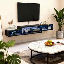 INICO Mueble Flotante para TV 70 con Luces LED, Repisas Flotantes de Pared para TV con Toma de Corriente, Sencillo y Ahorra Espacio Debajo para Salón, Dormitorio, Marrón - Negro - Ver 6