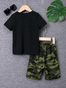 Young Boy Cartoon Print Short Sleeve T-Shirt And Shorts Set - Black - View 3