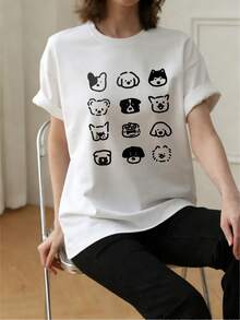 女士休闲宽松卡通狗印花圆领短袖纯棉T恤，夏季 - 白色 - 查看 2