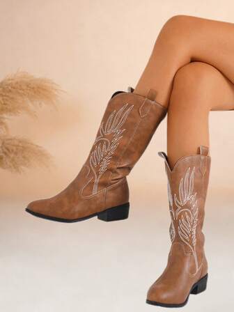 Fall/Winter 2025 Women's New Retro American Style Embroidered Leather Pointed Toe Western Boots Women's Maillard Brown Leather High Fashion Cowboy Boots Women's High Heel Chunky Heel Riding Boots Women's Fashionable Punk Style Chelsea Boots Style With Corset