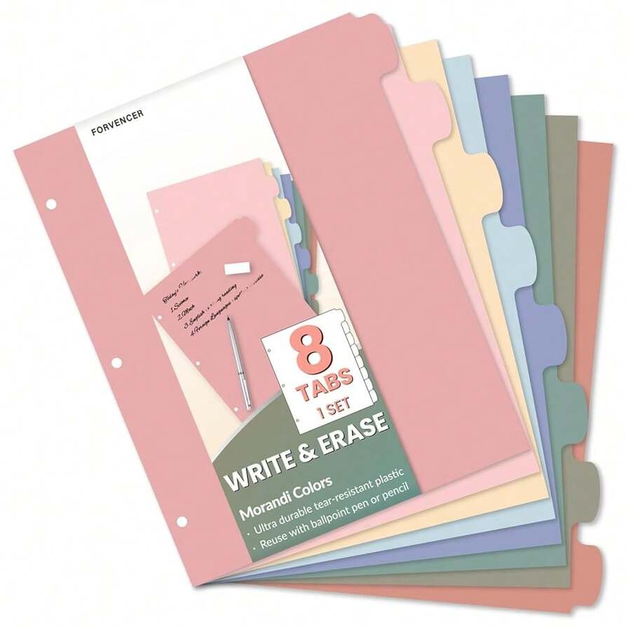 Forvencer 8-Tab Binder Dividers With Tabs, Big Tabs, Write&Erase Plastic Dividers For 3 Ring Binder, Binder Tabs For Organizers, 3 Ring Binder Dividers With Tabs For Schoolsss Office (Muted, 1 Set) - 靜音 - 查看 1