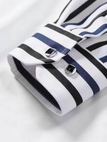 Camisa de manga larga a rayas de negocios casual para hombre, negra - Negro - Ver 6
