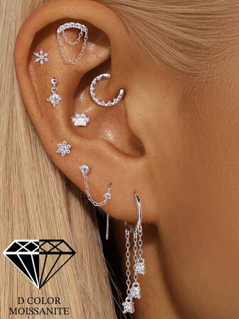 EleRunis 1pc 0.1 Carat Moissanite Diamond 925 Sterling Silver Star Tassel Flower Stud Earrings, 18K Gold Plated Flat Bottom Cartilage Earrings, Suitable For Daily Wear, Weddings, Parties, Engagements, Anniversaries, Valentine's Day And Other Occasions