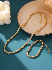 Nooxian 2pcs Set Minimalist Twisted Rope Chain Necklace & Bracelet Jewelry Set, Suitable For Women - Yellow Gold - View 5