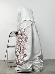 1pc Justice Brother Korean Style Embroidered White Denim Jeans, Loose Fit, Versatile, Comfortable Casual Wide Leg Pants (Belt And Accessories Not Included) - White - View 3