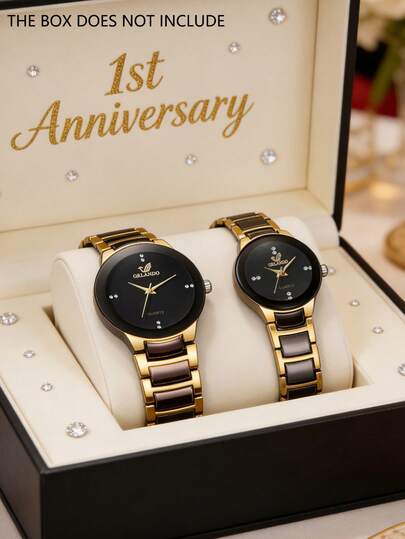 2pcs Simple And Casual Couple's Quartz Watches, Couple's Set With Gold Accents, Black And Gold Two-Tone Metal Straps. Luxurious Yet Minimalist Style Suitable For Daily Wear For Couples. As A Timing Accessory, It Is Perfect For Anniversaries, Daily Decoration