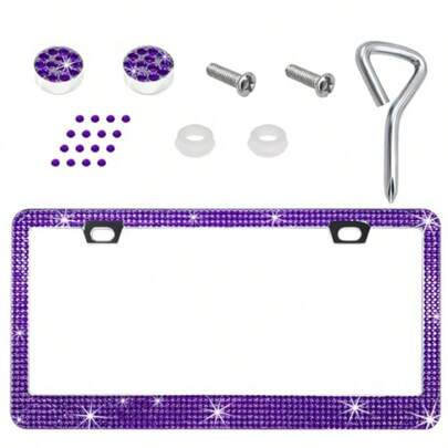 Bling License Plate Frame Lastingly Sparkly License Plate Holder With Diamond Crystal Caps Obstruction-Free Stainless Steel Glitter Car Tag Cover For Most Vehicles Purple